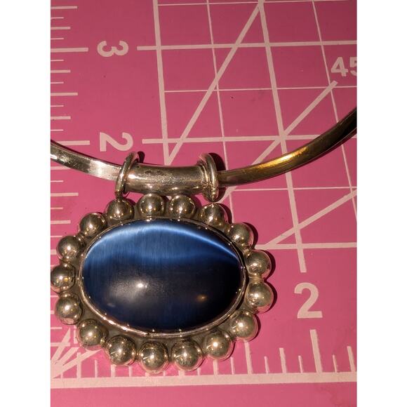 Vintage Taxco Large Blue Cat's Eye 950 Silver Pendant on Sterling Taxco Torque - Picture 7 of 10